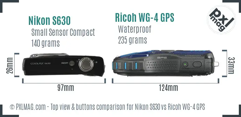 Nikon S630 vs Ricoh WG-4 GPS top view buttons comparison Nikon S630 vs Ricoh WG-4 GPS top view buttons comparison