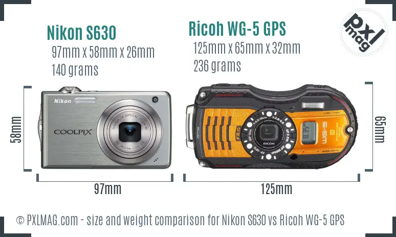 Nikon S630 vs Ricoh WG-5 GPS size comparison