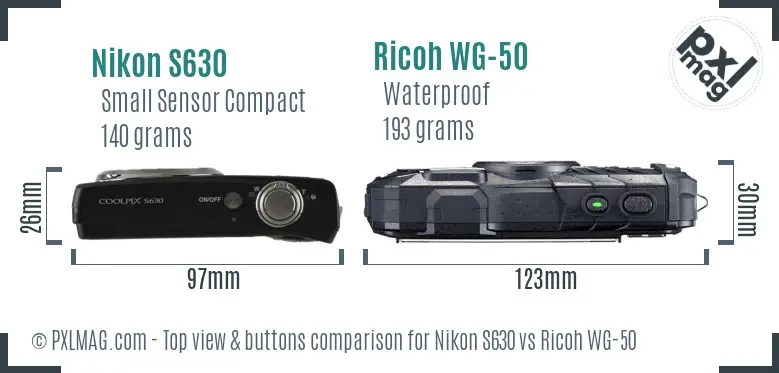 Nikon S630 vs Ricoh WG-50 top view buttons comparison Nikon S630 vs Ricoh WG-50 top view buttons comparison