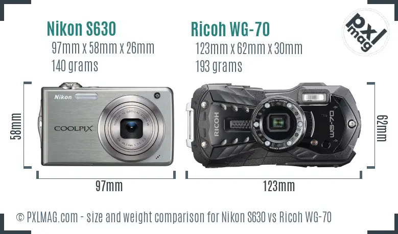 Nikon S630 vs Ricoh WG-70 size comparison