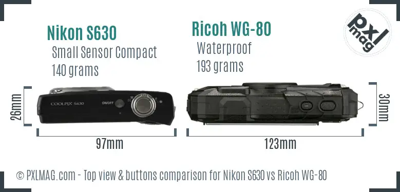 Nikon S630 vs Ricoh WG-80 top view buttons comparison