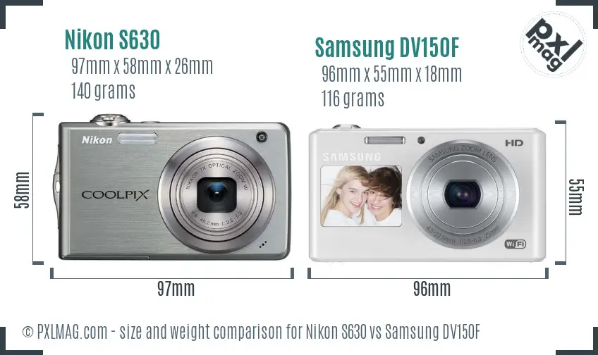 Nikon S630 vs Samsung DV150F size comparison