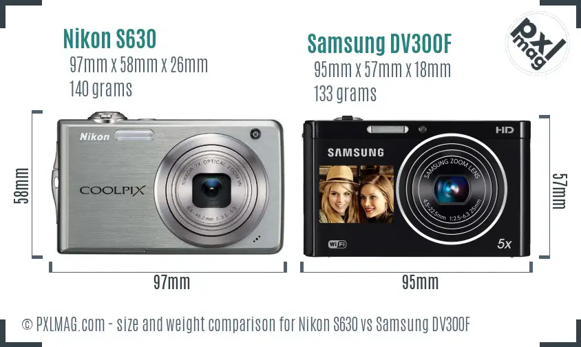Nikon S630 vs Samsung DV300F size comparison