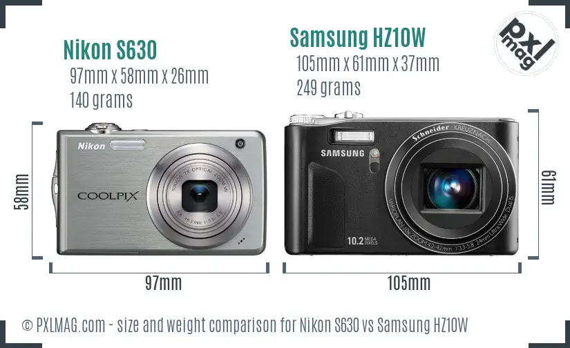 Nikon S630 vs Samsung HZ10W size comparison