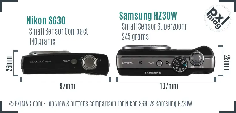 Nikon S630 vs Samsung HZ30W top view buttons comparison Nikon S630 vs Samsung HZ30W top view buttons comparison