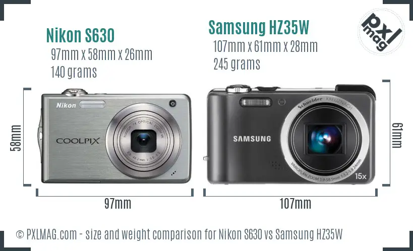 Nikon S630 vs Samsung HZ35W size comparison