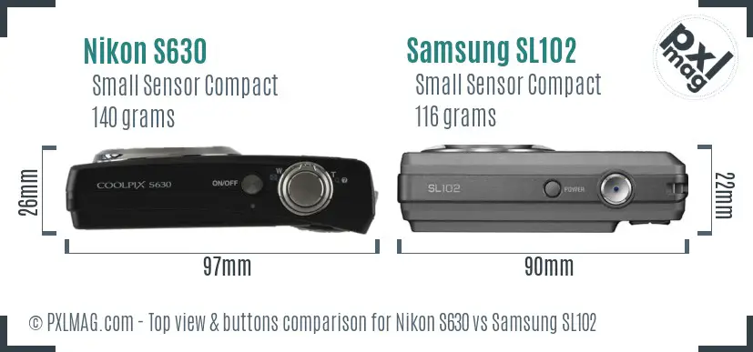 Nikon S630 vs Samsung SL102 top view buttons comparison