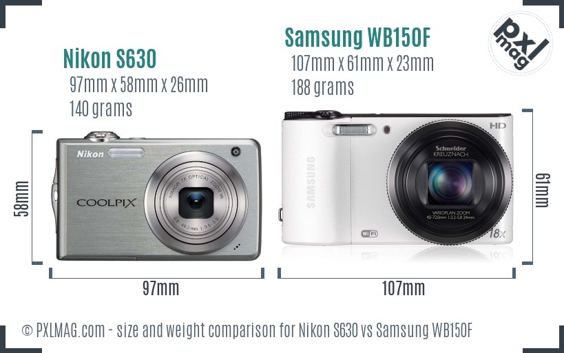 Nikon S630 vs Samsung WB150F size comparison
