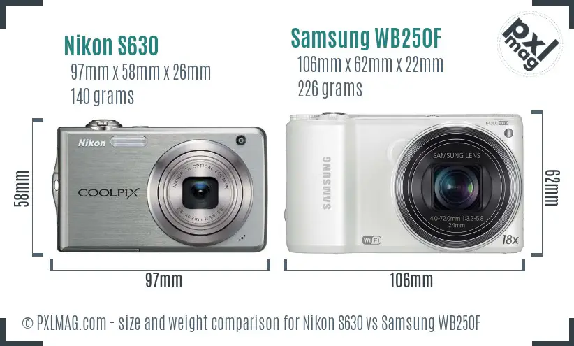 Nikon S630 vs Samsung WB250F size comparison