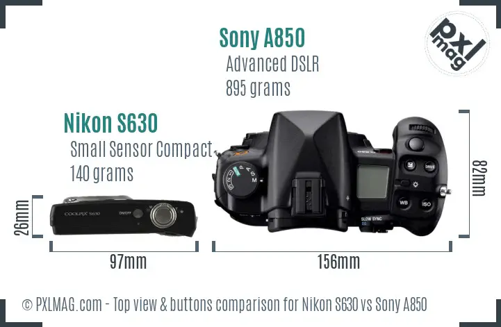 Nikon S630 vs Sony A850 top view buttons comparison