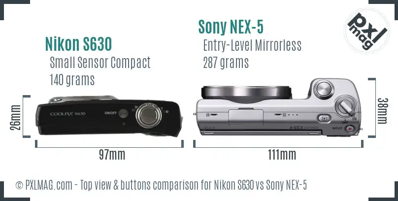 Nikon S630 vs Sony NEX-5 top view buttons comparison