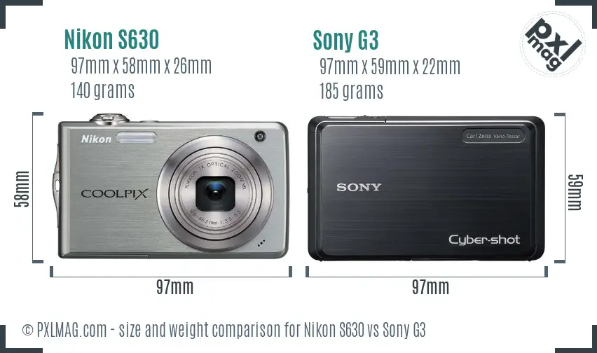 Nikon S630 vs Sony G3 size comparison