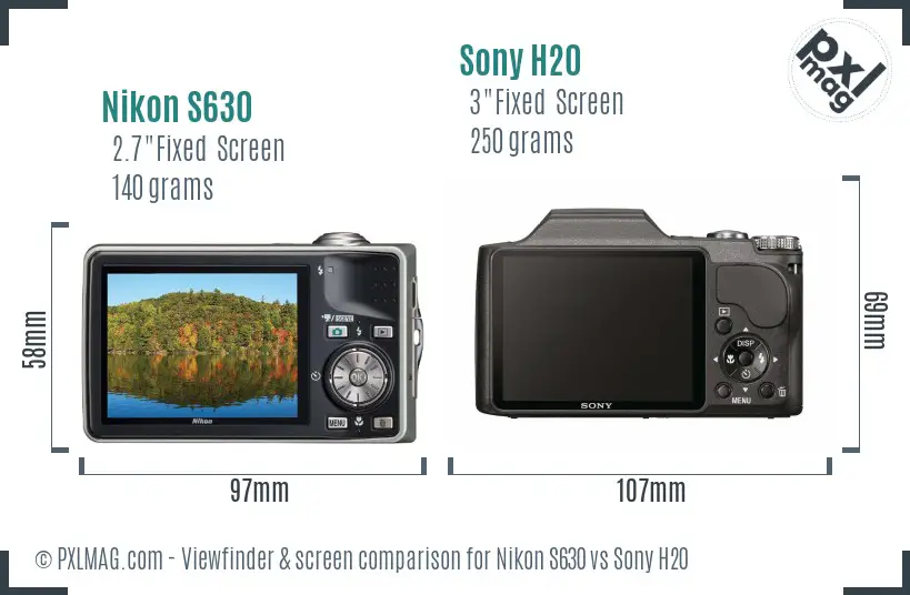 Nikon S630 vs Sony H20 Screen and Viewfinder comparison