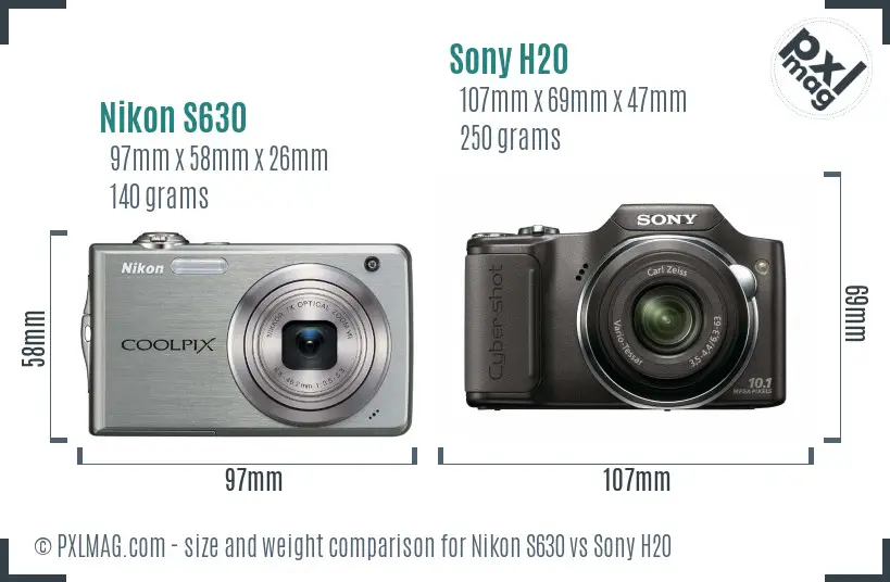 Nikon S630 vs Sony H20 size comparison