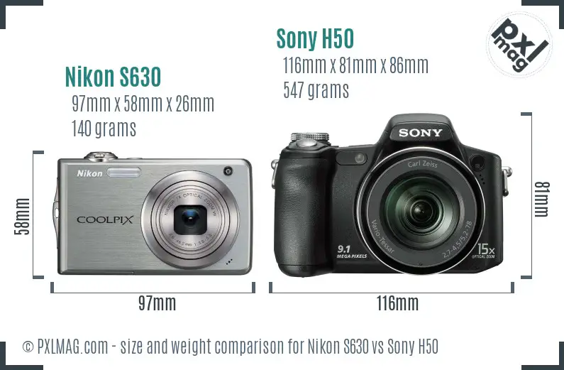 Nikon S630 vs Sony H50 size comparison