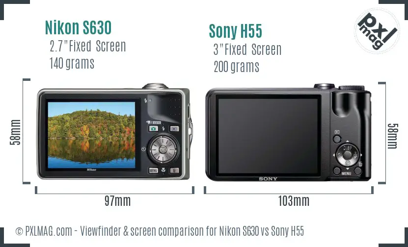 Nikon S630 vs Sony H55 Screen and Viewfinder comparison