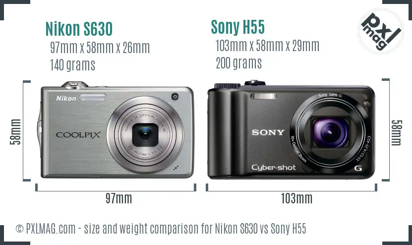 Nikon S630 vs Sony H55 size comparison