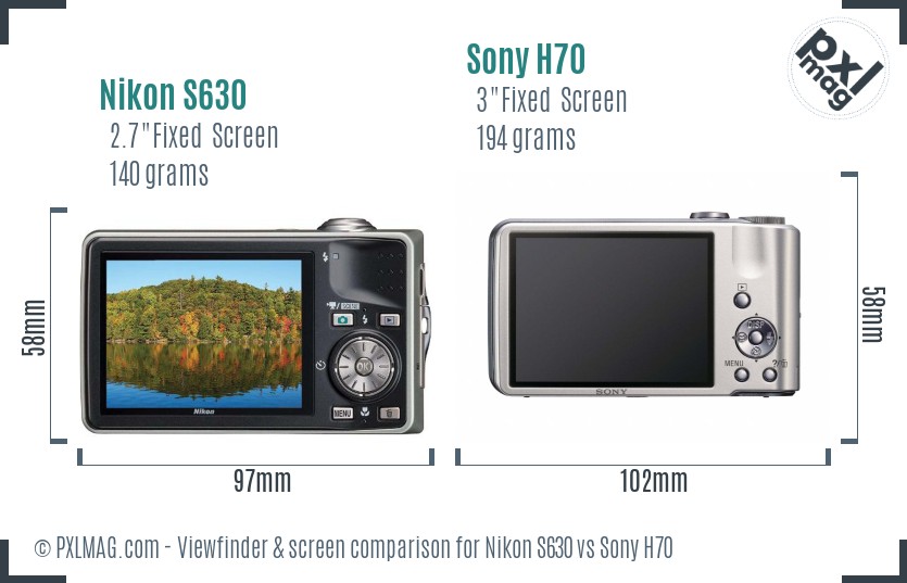 Nikon S630 vs Sony H70 Screen and Viewfinder comparison