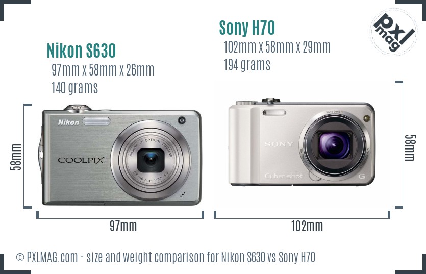 Nikon S630 vs Sony H70 size comparison