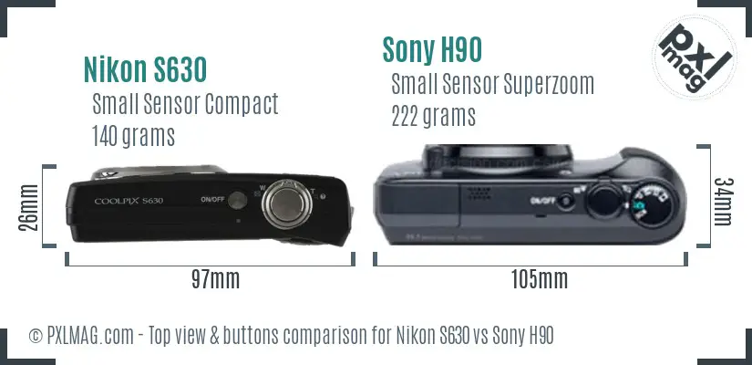 Nikon S630 vs Sony H90 top view buttons comparison