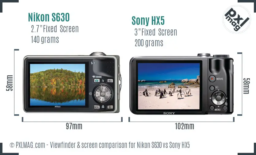 Nikon S630 vs Sony HX5 Screen and Viewfinder comparison