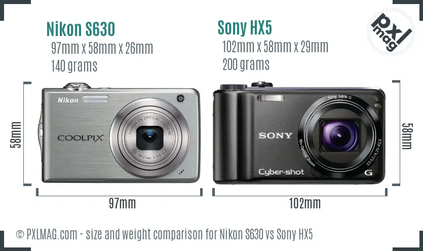 Nikon S630 vs Sony HX5 size comparison