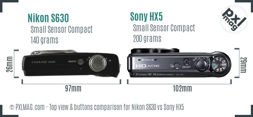 Nikon S630 vs Sony HX5 top view buttons comparison