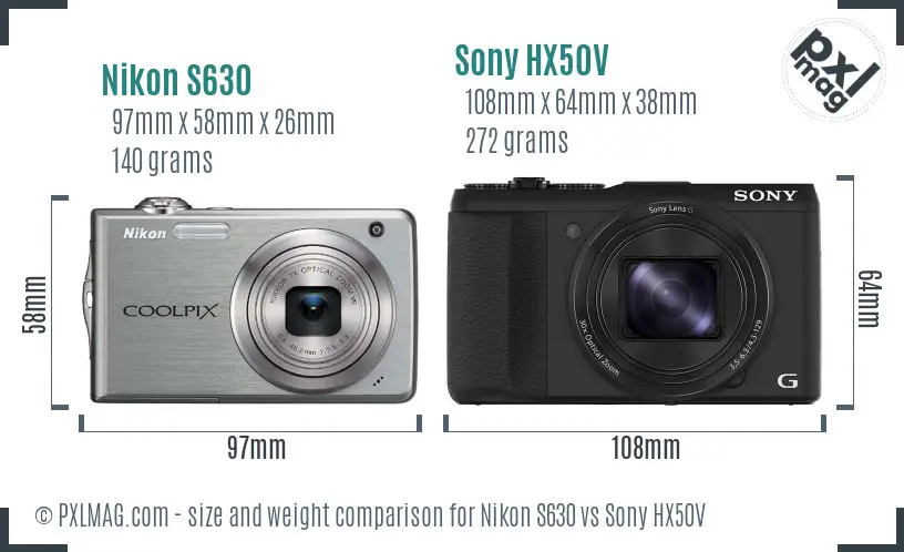 Nikon S630 vs Sony HX50V size comparison