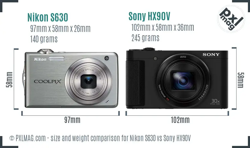 Nikon S630 vs Sony HX90V size comparison