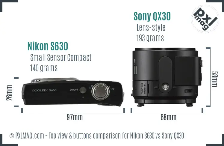 Nikon S630 vs Sony QX30 top view buttons comparison
