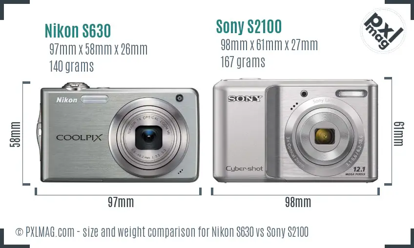 Nikon S630 vs Sony S2100 size comparison