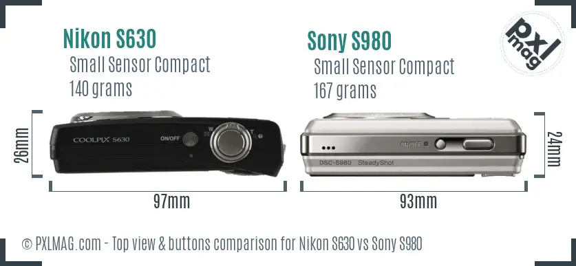 Nikon S630 vs Sony S980 top view buttons comparison Nikon S630 vs Sony S980 top view buttons comparison