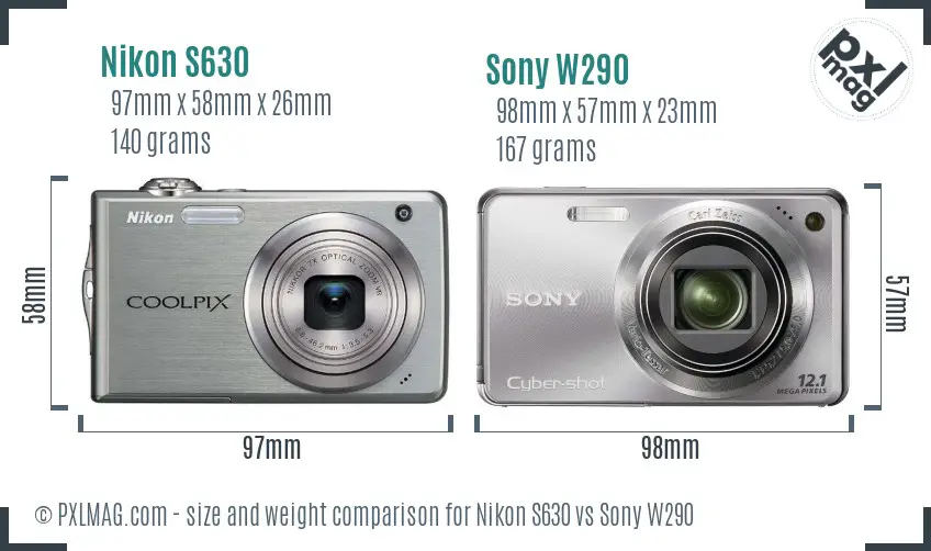 Nikon S630 vs Sony W290 size comparison