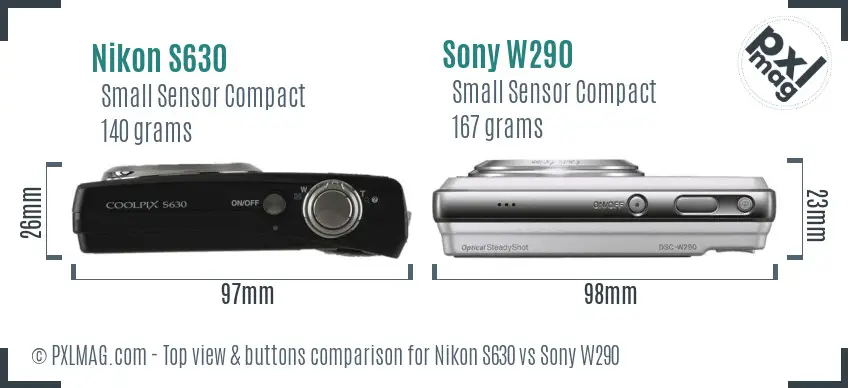 Nikon S630 vs Sony W290 top view buttons comparison