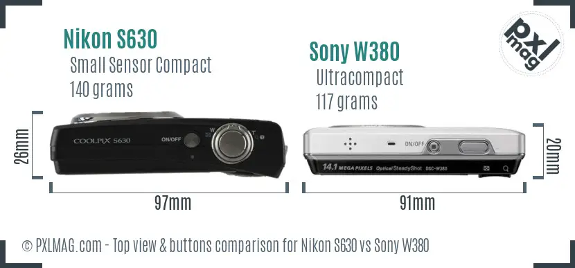 Nikon S630 vs Sony W380 top view buttons comparison