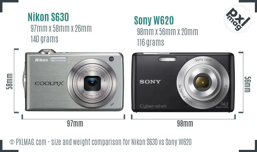 Nikon S630 vs Sony W620 size comparison