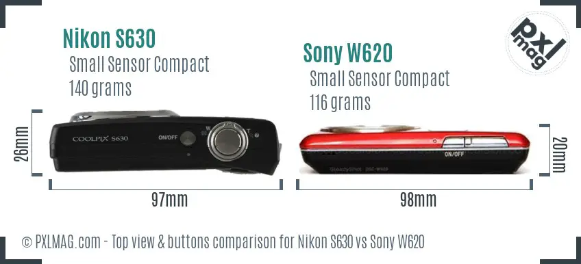 Nikon S630 vs Sony W620 top view buttons comparison