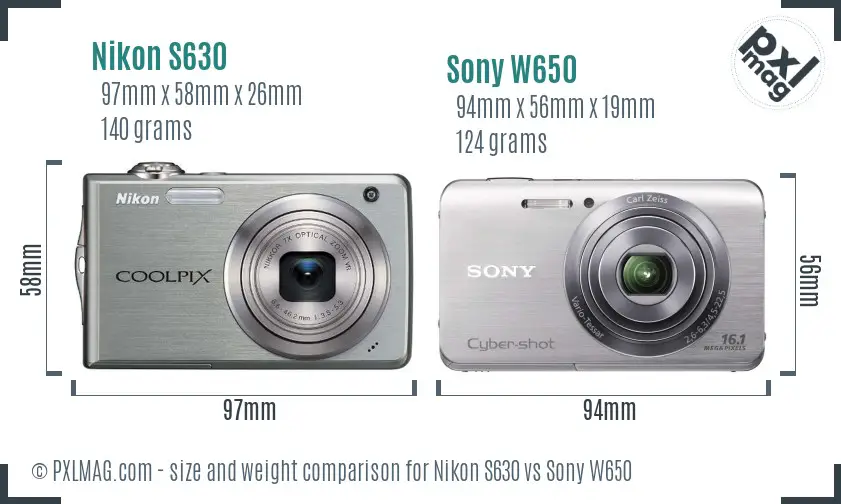 Nikon S630 vs Sony W650 size comparison