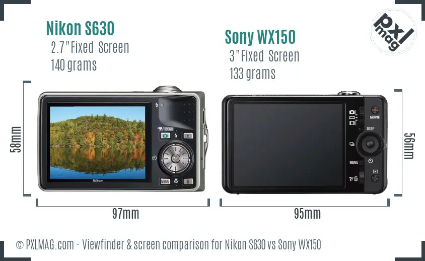 Nikon S630 vs Sony WX150 Screen and Viewfinder comparison