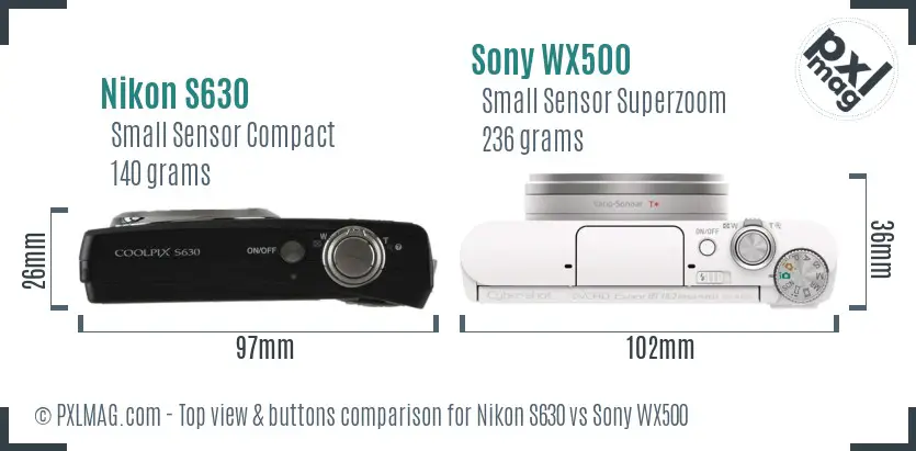 Nikon S630 vs Sony WX500 top view buttons comparison Nikon S630 vs Sony WX500 top view buttons comparison