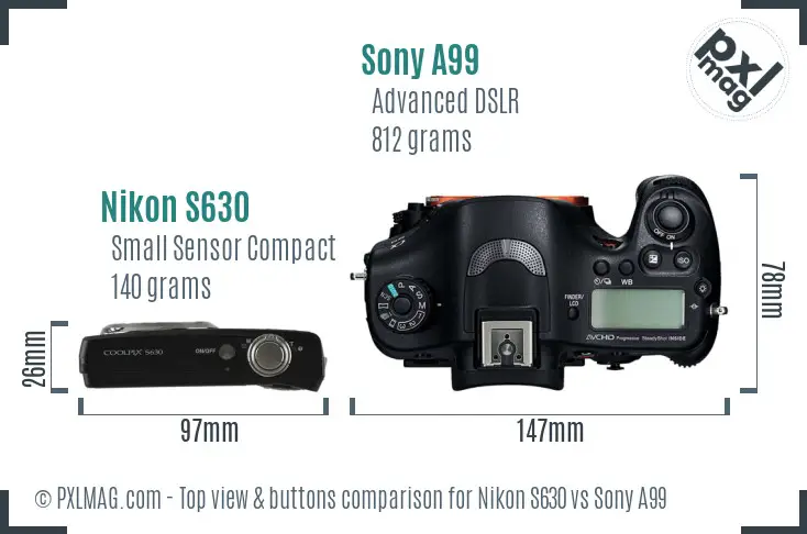 Nikon S630 vs Sony A99 top view buttons comparison Nikon S630 vs Sony A99 top view buttons comparison