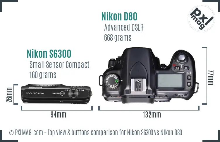 Nikon S6300 vs Nikon D80 top view buttons comparison