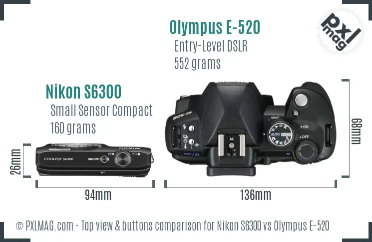 Nikon S6300 vs Olympus E-520 top view buttons comparison