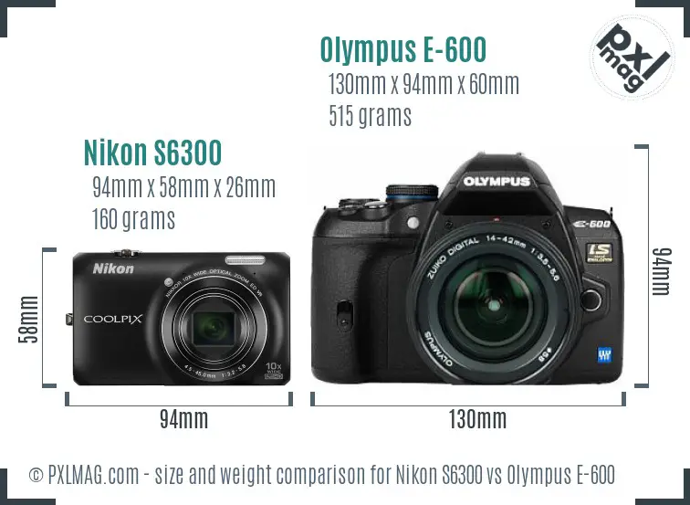 Nikon S6300 vs Olympus E-600 size comparison
