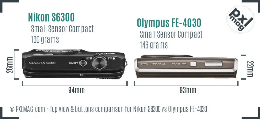 Nikon S6300 vs Olympus FE-4030 top view buttons comparison Nikon S6300 vs Olympus FE-4030 top view buttons comparison
