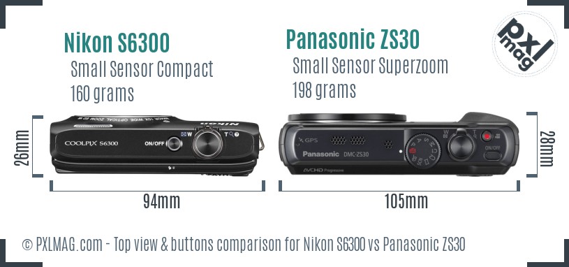 Nikon S6300 vs Panasonic ZS30 top view buttons comparison