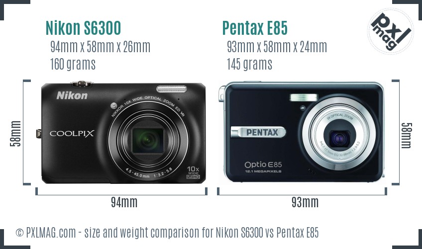 Nikon S6300 vs Pentax E85 size comparison