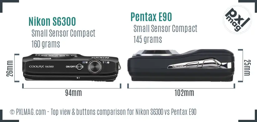 Nikon S6300 vs Pentax E90 top view buttons comparison Nikon S6300 vs Pentax E90 top view buttons comparison