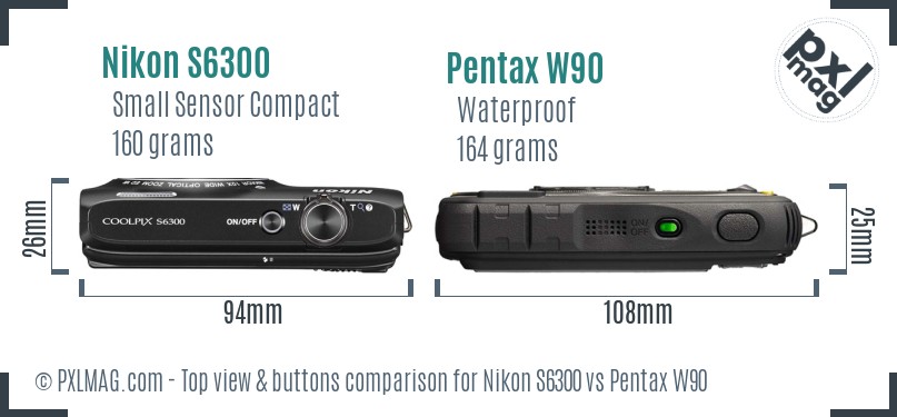 Nikon S6300 vs Pentax W90 top view buttons comparison