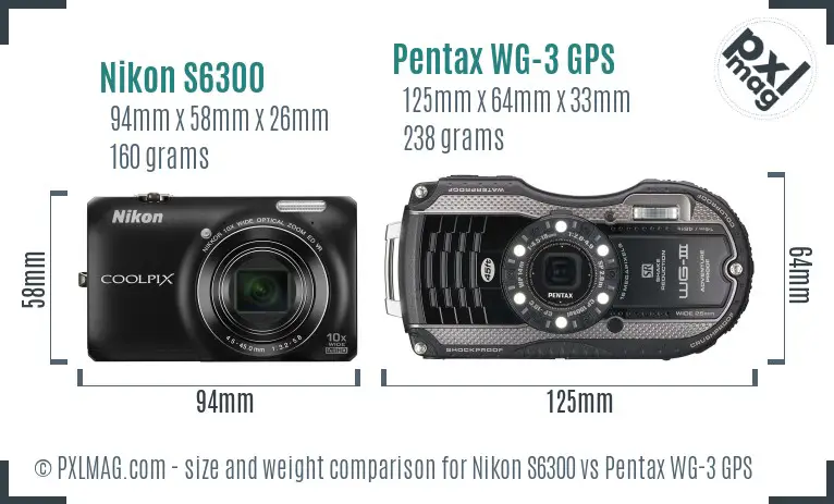 Nikon S6300 vs Pentax WG-3 GPS size comparison